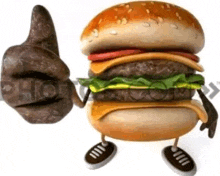 a cartoon hamburger with arms and legs is giving a thumbs up sign .