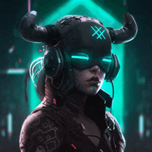 a woman with horns wearing headphones and a mask