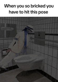 a man in a white suit is standing next to a toilet with the caption when you so bricked you have to hit this pose .