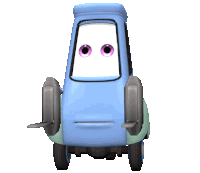 a blue cartoon car with purple eyes and a sad face