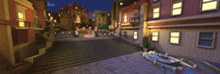 a blurry picture of a city with a boat in the middle of the street