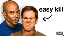 a man is being choked by another man with the words easy kill below them