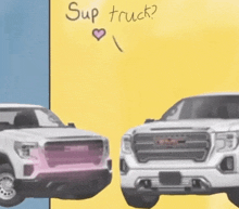 two gmc trucks are next to each other with the words sup truck written on a yellow board