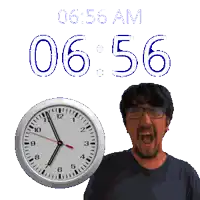 a man with glasses stands in front of a clock that reads 6:56 am