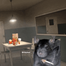 a rat smoking a cigarette in front of a table with mcdonald 's bags