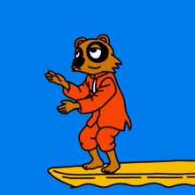 a cartoon drawing of a raccoon riding a surfboard