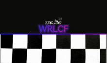 a black and white checkered background with a neon sign that says wrlcf