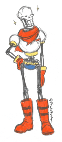 a drawing of a skeleton wearing red boots and a scarf