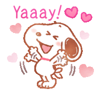 a cartoon drawing of snoopy with the words yaaay in pink letters