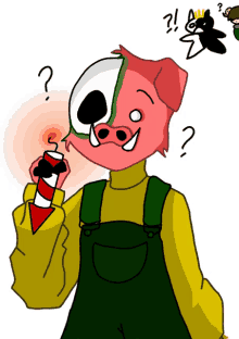 a drawing of a pig holding a can of soda with a question mark above his head