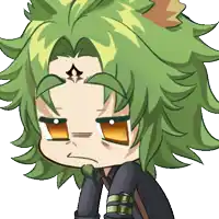 a cartoon character with green hair and orange eyes