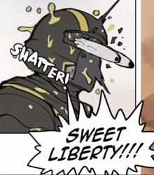 a drawing of a man with a helmet and a speech bubble that says sweet liberty !!!