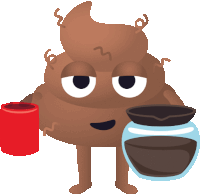 a cartoon of a poop holding a cup of coffee and a jar of coffee