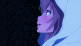 a close up of a girl with purple hair and blue eyes