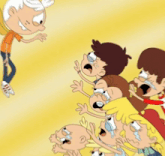 a bunch of cartoon characters including lincoln loud and lucy loud on a yellow background