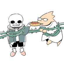 a drawing of a skeleton holding a donut next to another skeleton with glasses