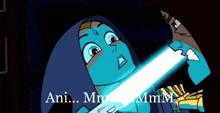 a cartoon of a woman holding a light saber with the words ani written below it