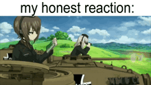 a cartoon of a girl in a tank with the words my honest reaction