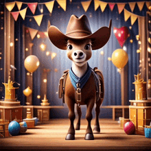 a cartoon deer wearing a cowboy hat and saddle