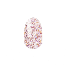 a close up of a nail with purple and gold glitter