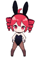 a girl with red hair and black bunny ears stands with her hands on her hips