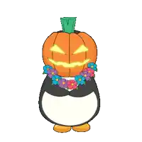 a penguin with a pumpkin head and flowers around his neck