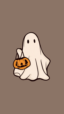 a ghost is holding a pumpkin with a face on it .