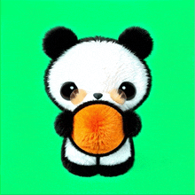 a stuffed panda bear is holding a ball in its mouth