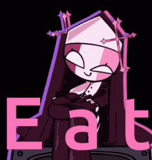 a cartoon nun with a cross on her head and the word eat behind her