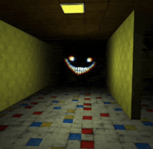 a hallway with a smiley face in the dark