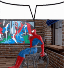 a cartoon of spider man in a wheelchair with a speech bubble above him