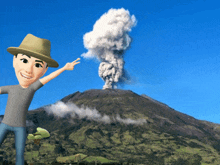 a cartoon character is pointing at a volcano