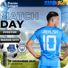 an advertisement for a premier league match between manchester city and everton