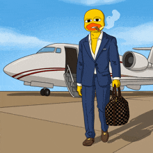 a cartoon of a duck wearing a suit and carrying a bag