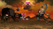 a group of cartoon characters are standing next to each other in front of a burning pyramid .