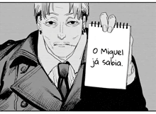 a black and white drawing of a man holding a piece of paper that says " o miguel ja sabia "