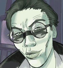 a drawing of a man wearing glasses and a mask