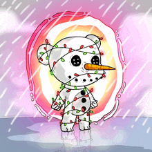 a cartoon drawing of a snowman with christmas lights on