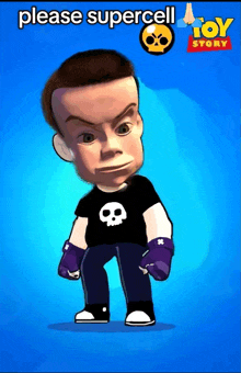 a toy story character with a skull shirt and purple gloves on a blue background