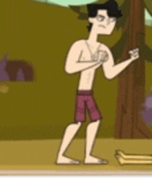 a shirtless cartoon character in pink shorts is standing on a beach next to a tree .