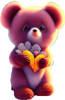 a teddy bear is holding a yellow heart with a pink heart inside of it