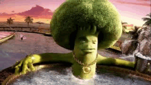 a cartoon broccoli is taking a bath in a jacuzzi .