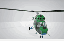 a green helicopter with a man in the cockpit is flying on a white background