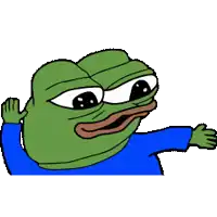 the frog is wearing a blue shirt and waving his hand .