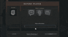 a video game screen shows a report player screen