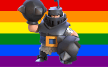 a cartoon knight with a shield and a large hammer on a rainbow background