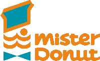 a logo for mister donut shows a man holding a blue box