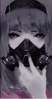 a girl wearing a gas mask with purple eyes