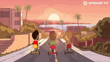 a cartoon of three children riding bicycles down a street with spinnin ' tv written on the bottom right