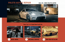 an ad for paleto auto 's repair shows a car being washed